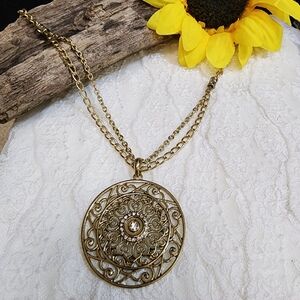 Gold Toned Filigree Medallion With Rhinestones 36" Long Necklace